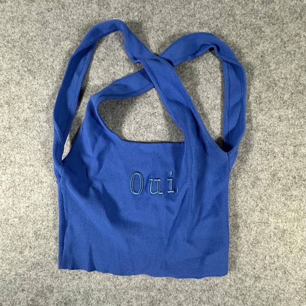 Twist Oui Embroidered Ribbed Crop Top XS Blue Womens Cross Back Tank